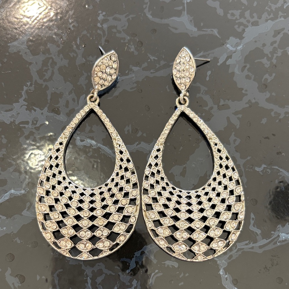 Silver Teardrop Crystal Filigree Earrings - Women Jewelry